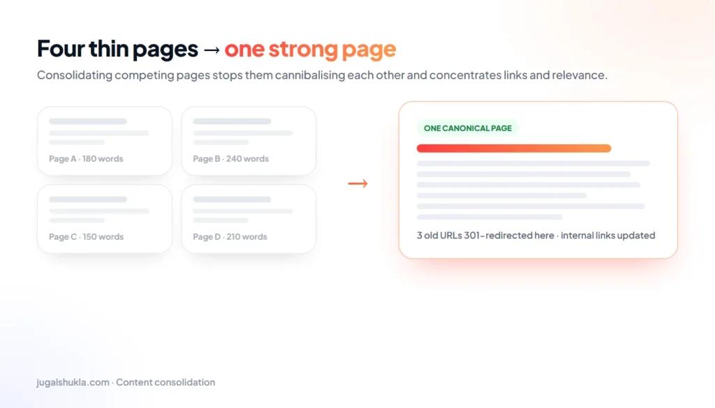 Four thin pages consolidated into one canonical page with redirects
