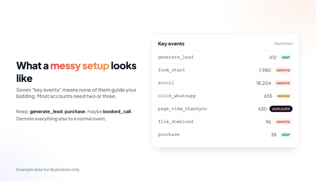 Illustration of a cluttered GA4 key events list with duplicates
